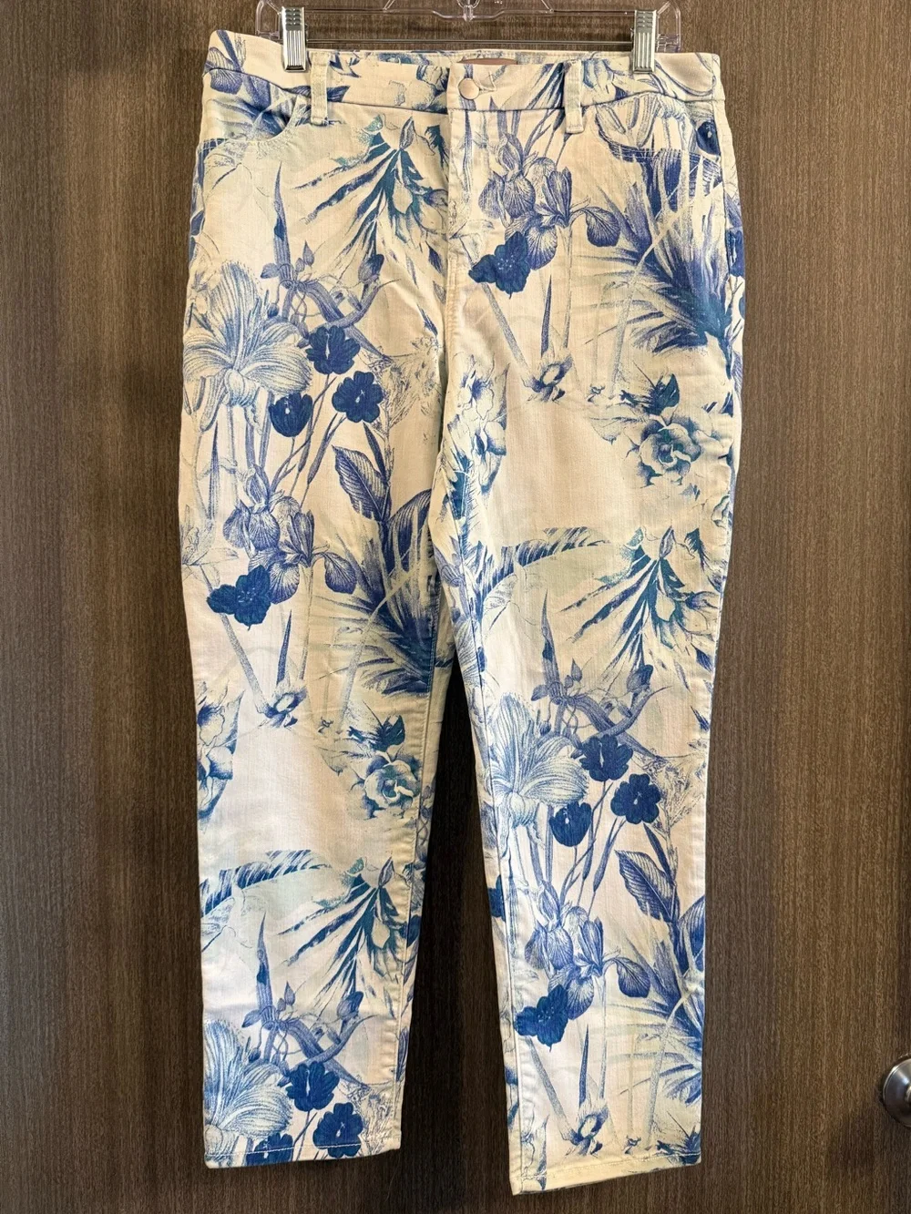 Chico's Blue Floral Print Chinos on Cream